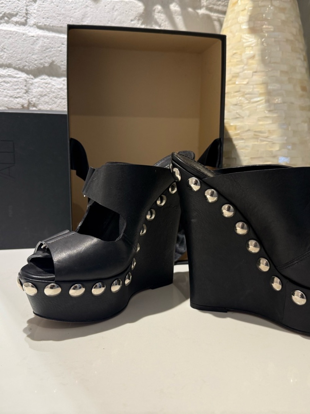 Giambattista Valli Paris - Black Leather Studded Platform Wedge Sandals